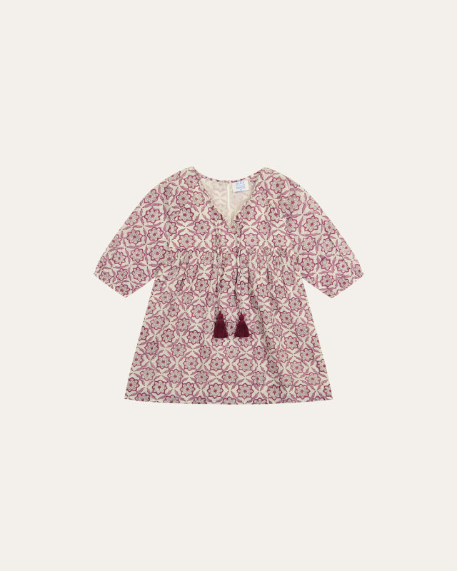 Girl's Sara Block-Print Tassel Popover Dress, Size 2-10